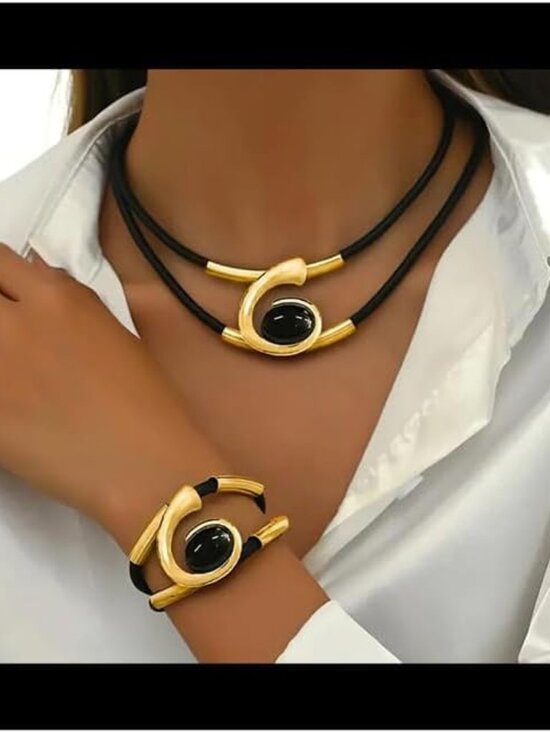 Jewelry - Gold Jewelry Set, Bohemian Double-Layer Black Rope With Oval Black Acrylic Penda